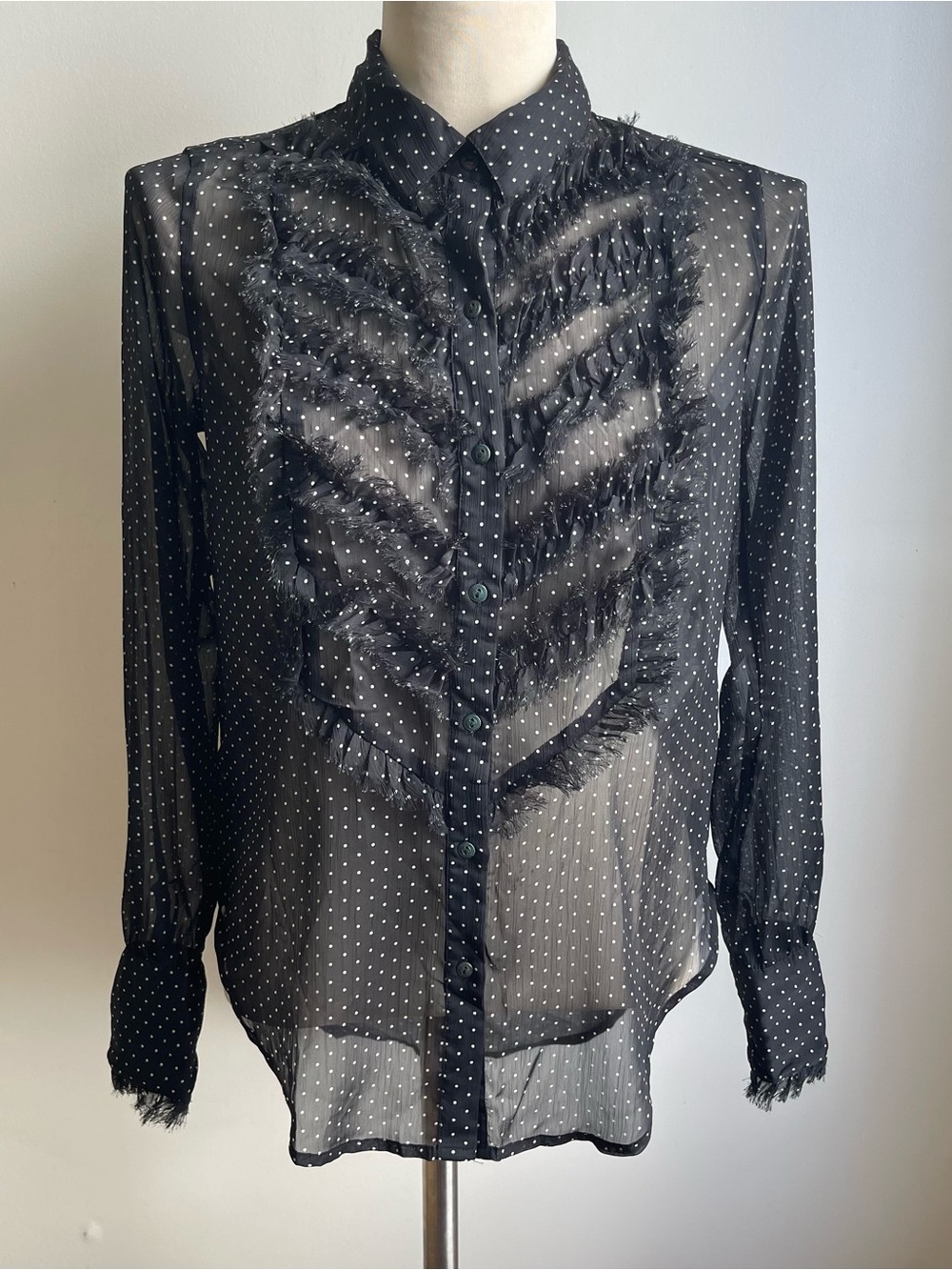 Free People Sheer Polka Dot Blouse Ruffle Black White Tuxedo Whimsigoth Hi Lo XS